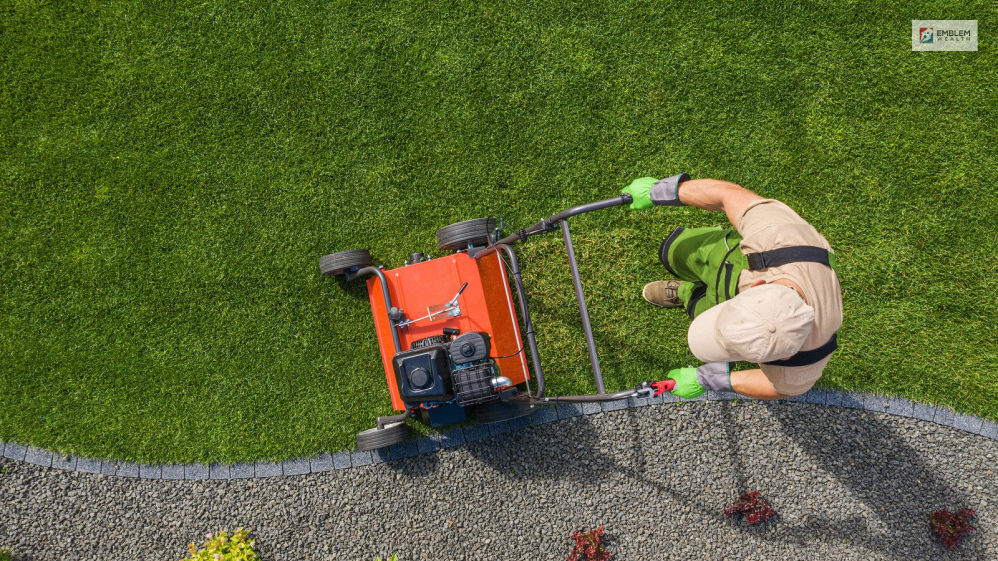 Mowing grass and gardening